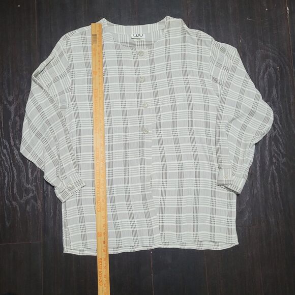 Vtg Clio Blouse Womens M Gray White Plaid Flowy Boho 4 Button Tunic 90s … - Picture 7 of 16